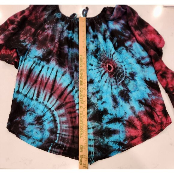 Gypsy Rose Peasant Top Tie Dye Bell Flutter 3/4 Sleeve Scoop Tie Neck Hippie Med - Picture 10 of 14